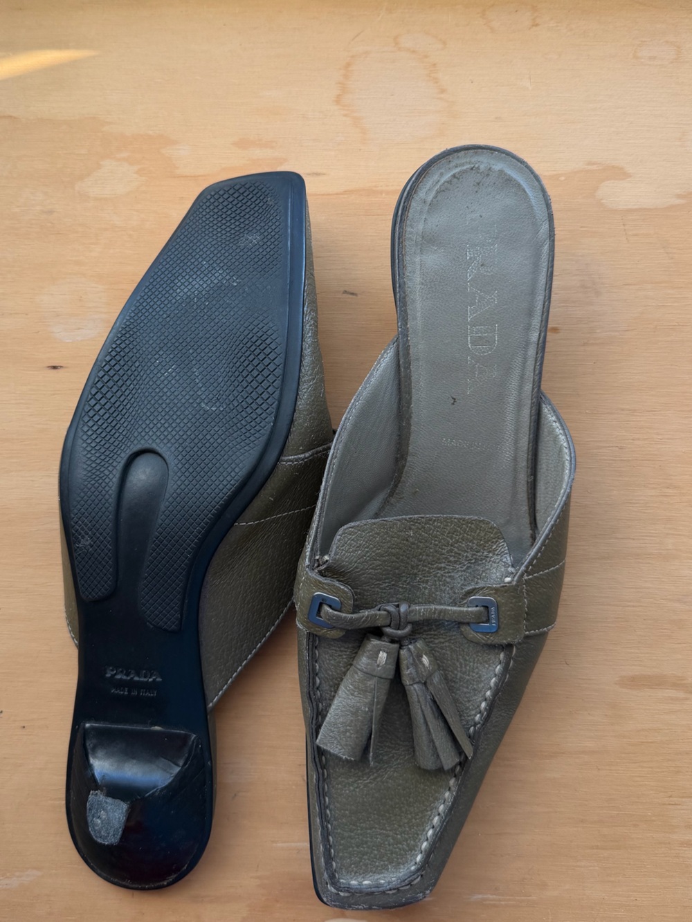 Prada Olive Leather Tassel Slide Mules - Picture 2 of 4